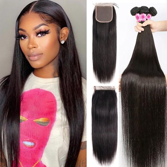 PINJUOO Straight Human Hair Bundles with Closure Raw Indian Hair 3 Bundles and Closure (20 22 24+18 Inch) 100% Unprocessed Virgin Human hai