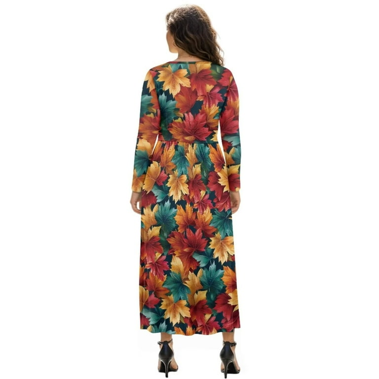 Fkelyi Autumn Maple Leaf Print Fall Maxi Dress for Women Long Sleeve V Neck Wedding Guest Dresses Flowy A-Line Elegant Dress with Pockets for SSpring, Fkelyi Autumn Maple Leaf Print Fall Maxi Dress for Women Long Sleeve V Neck Wedding Guest Dresses Flowy A-Line Elegant Dress with Pockets for SSpring,