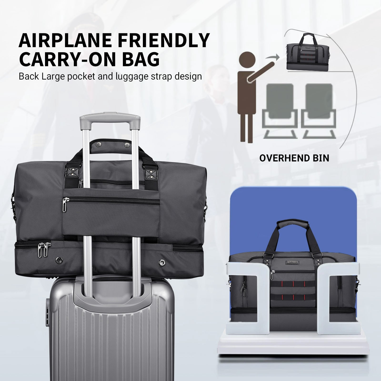 WITZMAN Travel Duffle Bags for Men Weekender Bags with Toiletry Bag Sets Carry on Overnight Bag 55L（B696 Silvery Grey）