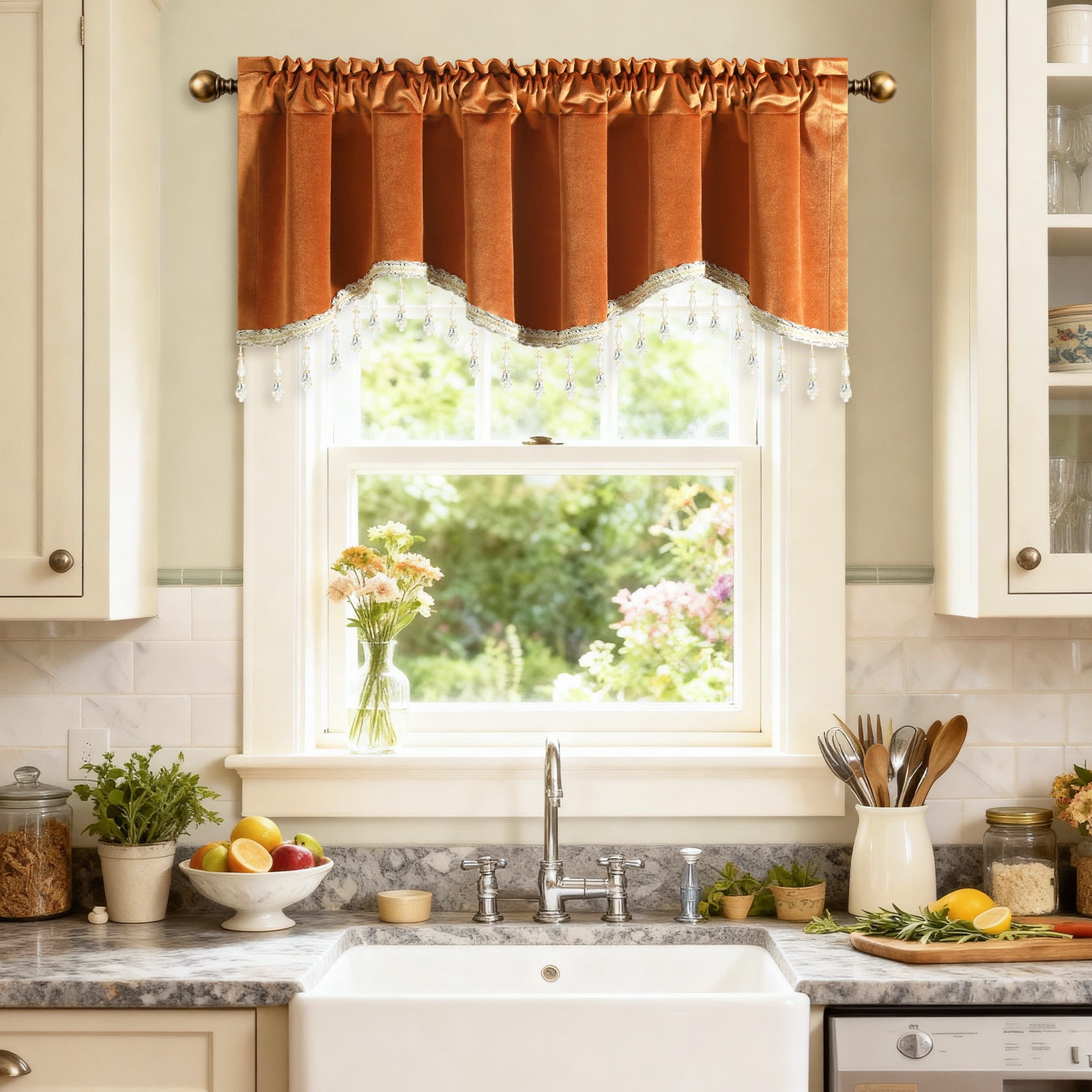 VOGOL Orange Velvet Scalloped Window Valance with Beaded Trim, Warm Curved Decorative Curtain Topper for Living Room Bedroom