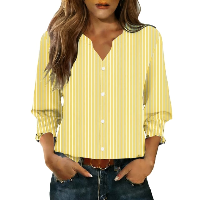 Camisas de Cuello de la Tripulación de Manga Corta para las Mujeres Moda Verano Casual Botón Arriba Cuello en V con Tejido Súper Suave