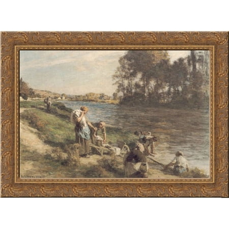 Laveuses au bord de la Marne 24x19 Gold Ornate Wood Framed Canvas Art by L'Hermitte, Leon Augustin