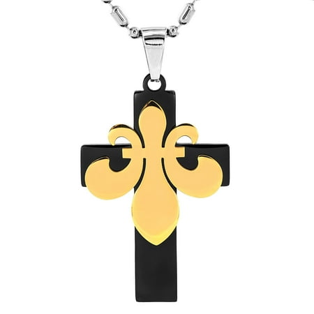 West Coast Jewelry Stainless Steel Goldtone Fleur-de-lis Over Black Cross Necklace