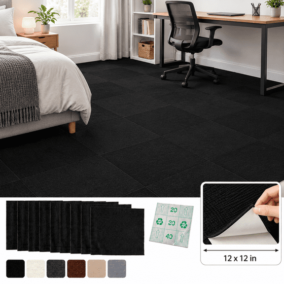 12x12 Inch Peel and Stick Carpet Tiles with Soft Pad, Self-Adhesive Removable Floor Squares for Bedroom, Office, Rental, Easy DIY Installation (Black)