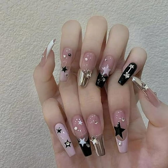 Coffin Press on Nails Long Fake Nails Press ons French Tip Ballerina Glue on Nails with Star Design Y2K Acrylic Nails Glossy Rhinestones False Nails 24pcs