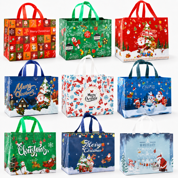Harjon 9 Pcs Christmas Tote Gift Bags with Handles for Shopping,Grocery Bags,Gifts Wrapping,Christmas Party Supplies Decorations,12.7"*9.8"*6.7" Reusable Gift Bags