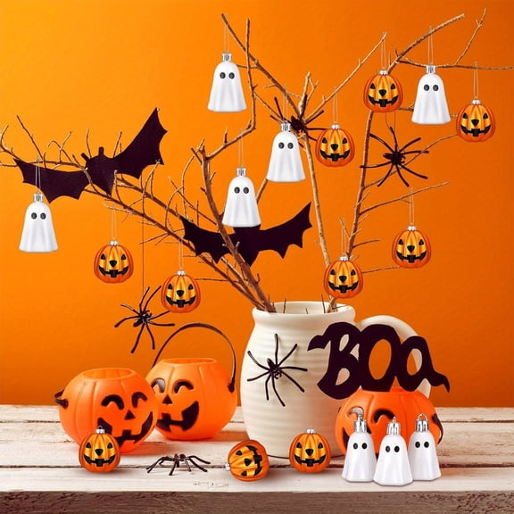 12 Pcs Hanging Halloween Decorations, Spooky Mini Pumpkin Ghost Bat Hanging Ornaments, Indoor Halloween Decor for Tree Table Home Halloween Party Decorations