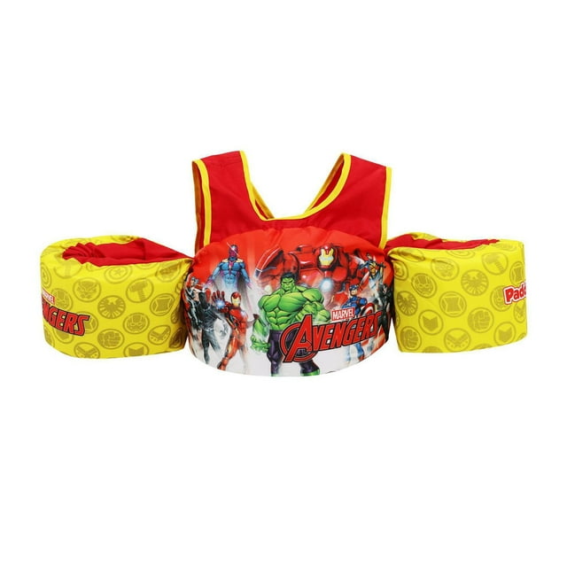 Avengers Veste de Nage Paddle Pal avec Brassards Jaunes Attachés pour Enfants de 30 à 50 Lb, Mettant en Vedette des Personnages Marvel Avengers Incluant Hulk, Iron Man et Ant-Man, sur un design Multi-Panneaux en polyester durable Rouge et Jaune avec Sangle de Poitrine Ajustable et Boucle Arrière à Dégagement Rapide pour un Ajustement Sécuritaire.