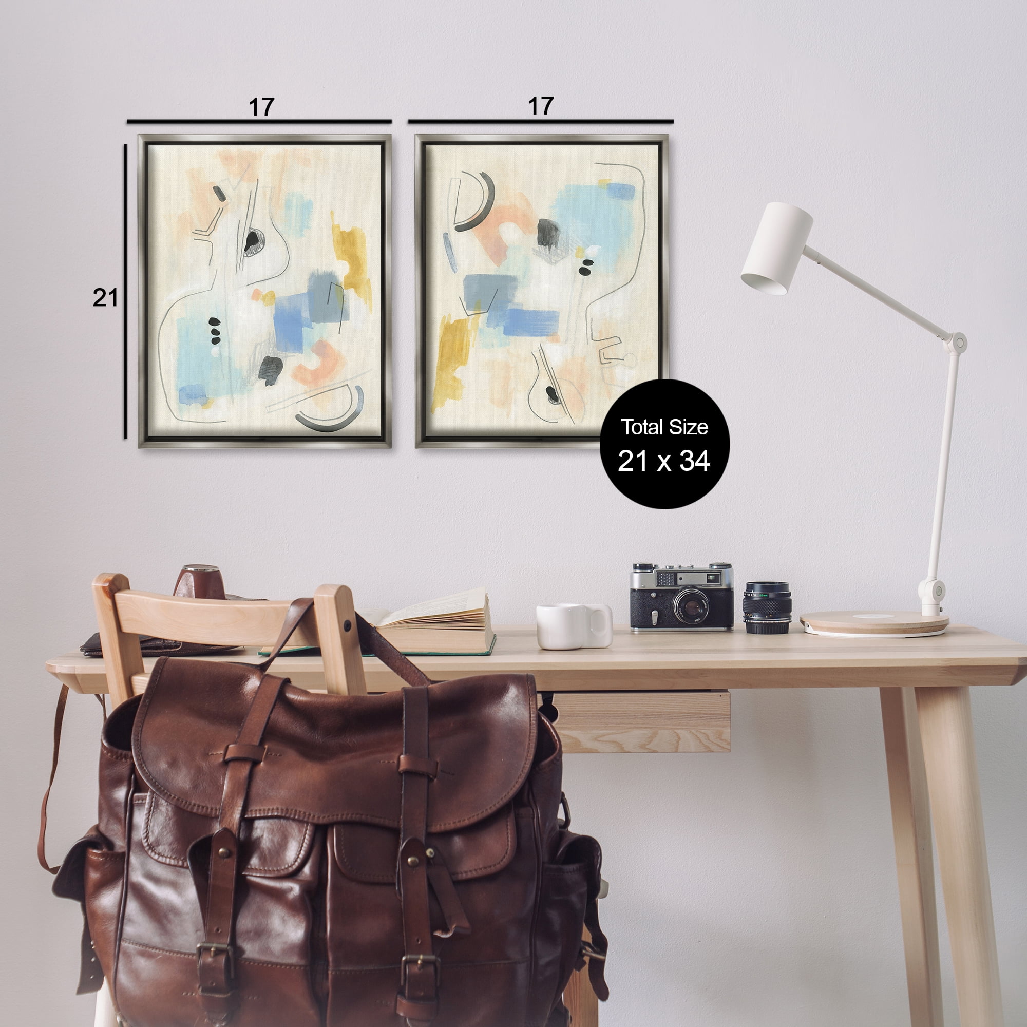 Stupell Industries Pastel Shapes Lines Patches Abstract Painting Gray Floater Framed Canvas Art Print Wall Art, 17 x 21, Set of 2