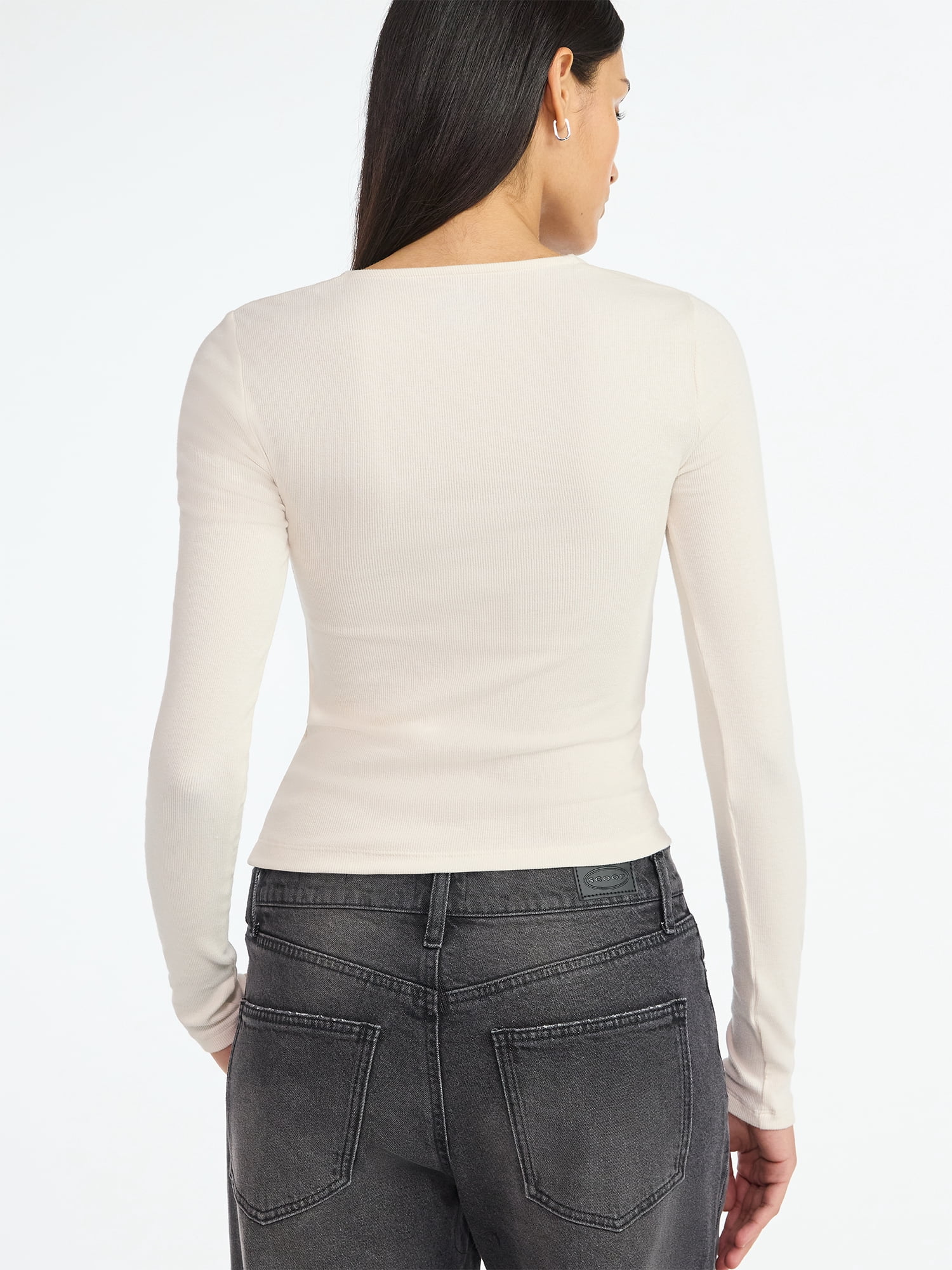 Scoop Women’s Ribbed Square Neck Top with Long Sleeves, Sizes XS-XXL
