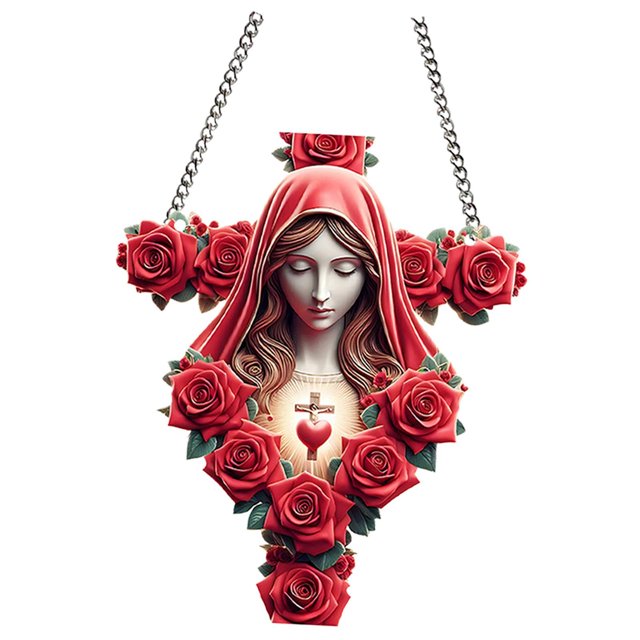 Adorno colgante de ventana de María con cadena de metal multiusos para porche, decoración de pared de balcón, acrílico plano 2D de 9,3x7,8