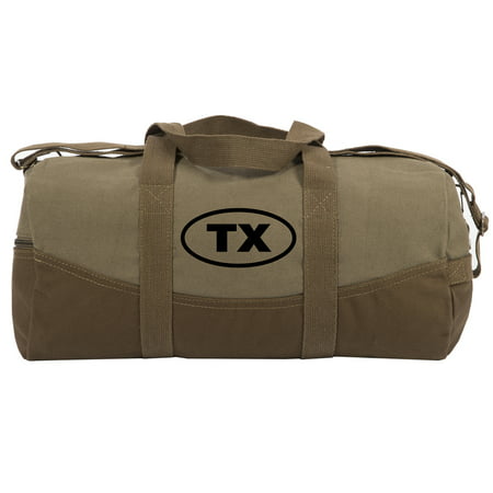 TX (Texas) Oval Bumper Sticker Two Tone Canvas 19” Duffel Bag with Brown