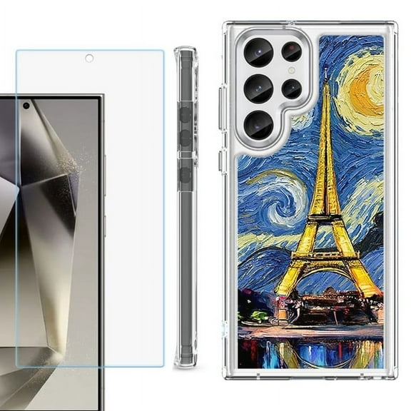 OneToughShield ® Case Compatible with Samsung Galaxy S24 Ultra, Shockproof Bumper Phone Case, with Tempered Glass Screen Protector - Starry Night Eiffel