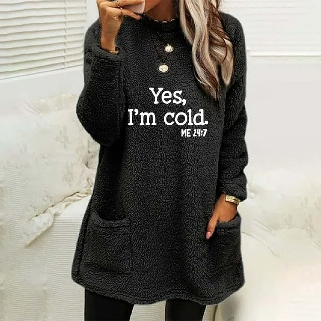 Blouse Femme Col Rond et Hiver Ample Imprimé Poche Chaude Manches Longues Blouse Hauts Chemises d'Entraînement pour Femmes en Solde