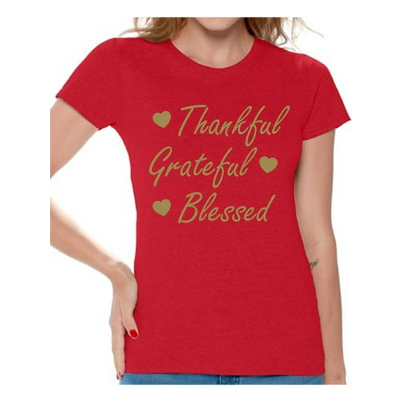 Awkward Styles Thankful Grateful Blessed Christmas T Shirt Women's Holiday Top Thanksgiving Shirt Christmas Shirts for Women Thanksgiving Holiday Thankful Grateful Blessed Women's Shirt for Christmas