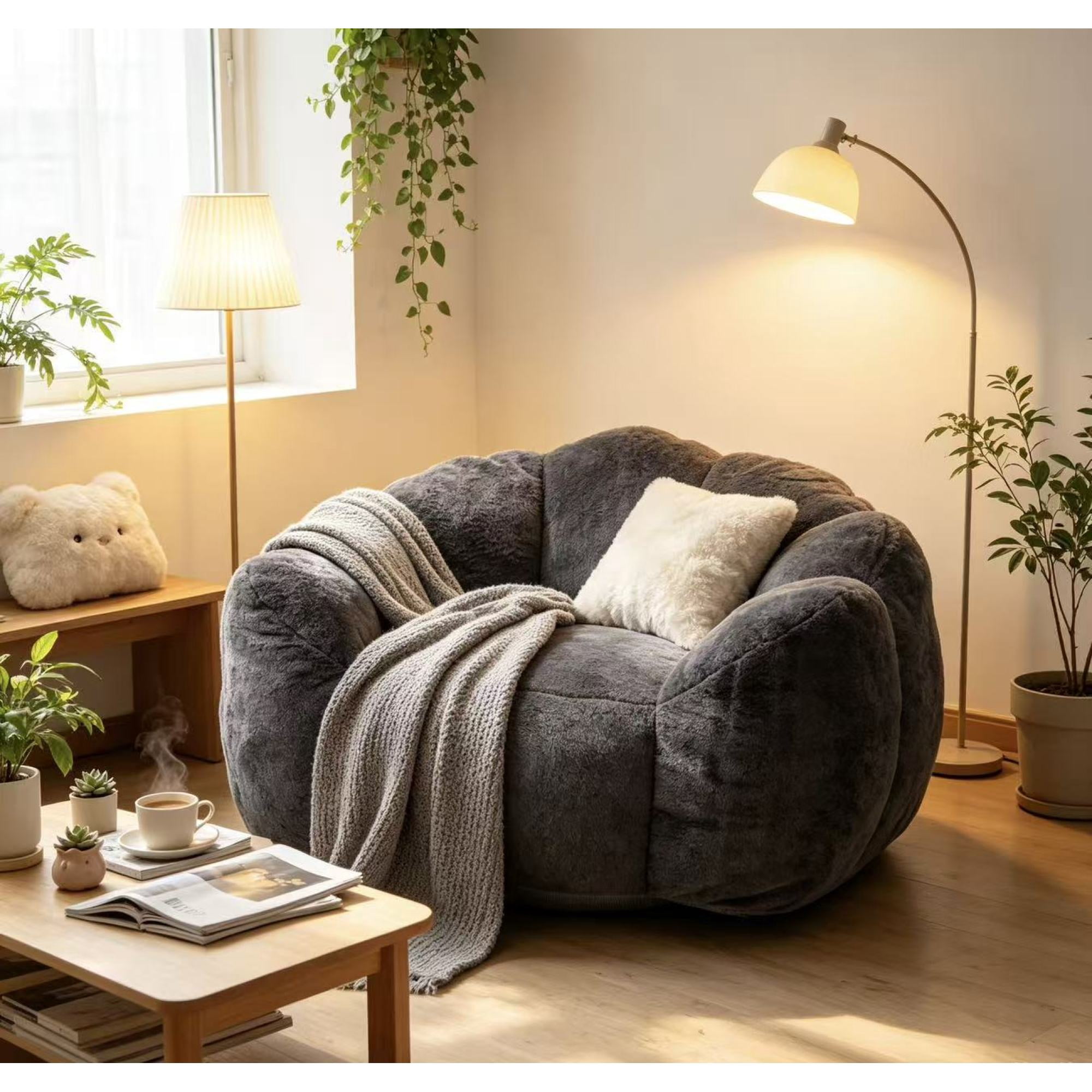 Leumius Large Lazy Sofa Chair, Comfortable Velvet Fabric Large Petal Sofa for Bedroom, Living Room and Gaming Grey
