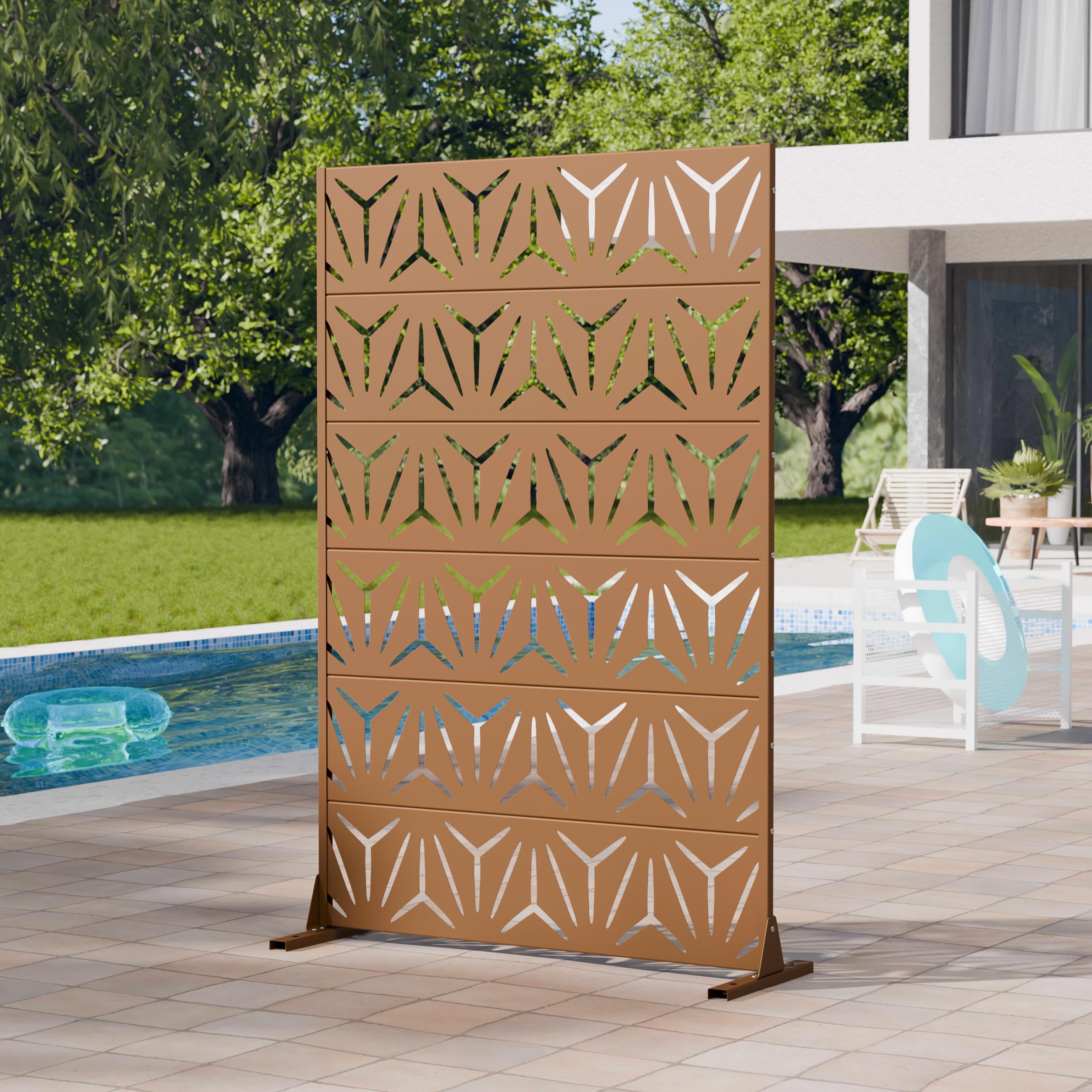 MAYEERTY 2-Piece Outdoor Metal Privacy Screen 6ft × 4ft Brown, 6-Panel Geometric Y-Pattern Decorative Screen for Garden