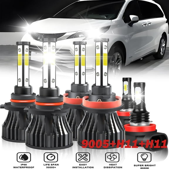 H11 9005 High&Low Beam for Toyota Sienna 2011-2016 2017 2018 2019 2020 LED Headlights Fog Lights 6pcs