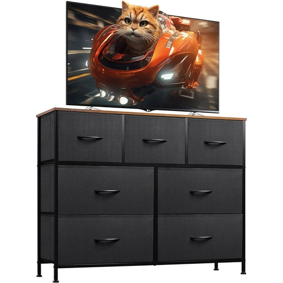WLIVE 7 Drawer Dresser TV Stand, Dressers for Bedroom, Fabric Storage Tower, Hallway, Entryway, Closets, Sturdy Steel Frame, Wood Top, Easy Pull Handle, White