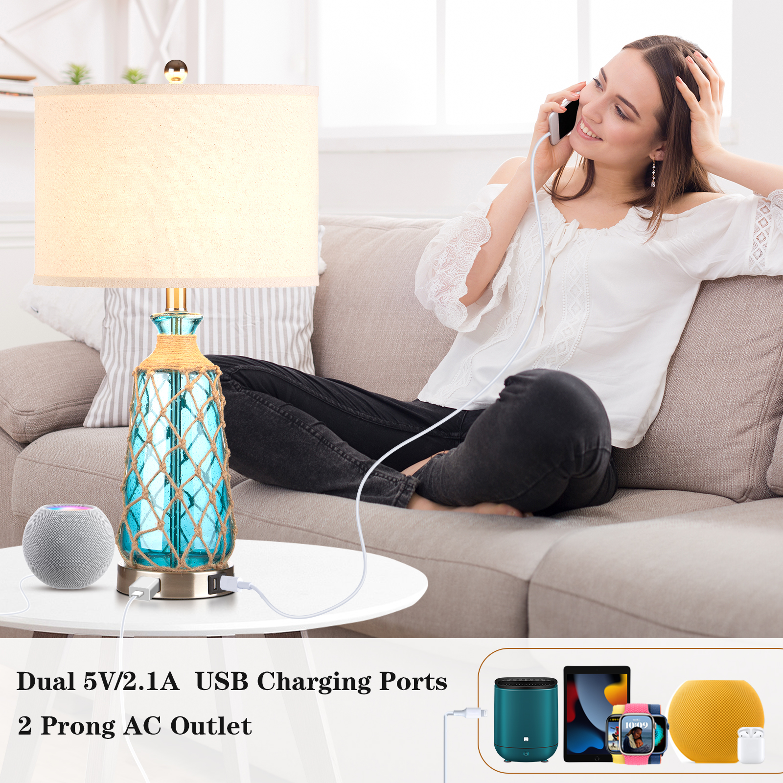 Cinkeda 26" Blue Bubble Glass Table Lamp Set of 2 with USB Ports photo 4
