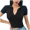 thumbnail image 2 of Ounisa Women's Short Sleeve V Neck T Shirts 2026 Summer Ribbed Knit Slim Fitted Basic Solid Color Tee Tops, 2 of 5