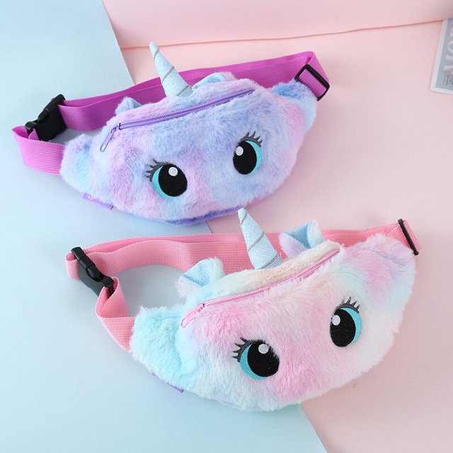 Cute Unicorn Children's Fanny Pack Girls Waist Bag Kids Plush Toys Belt Gradient Color Anime Cartoon Coin Purse Travel Chest BagSquare Pink He Qiyong unisex