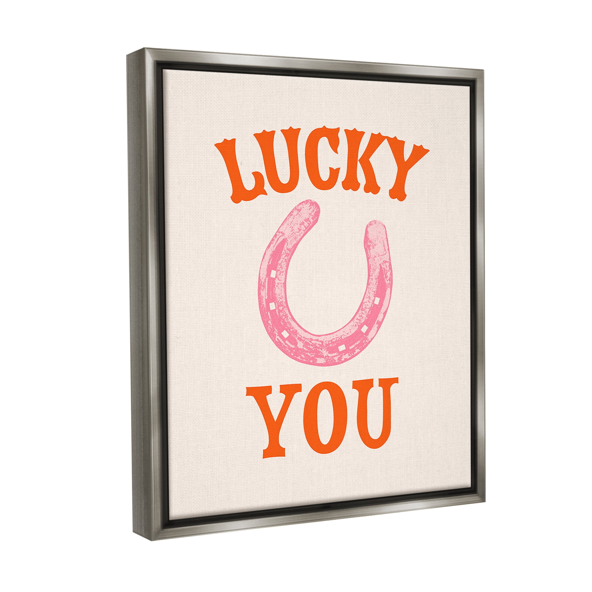 Stupell Industries Lucky You Horseshoe Typography Painting Gray Floater Framed Canvas Art Print Wall Art, 25 x 31