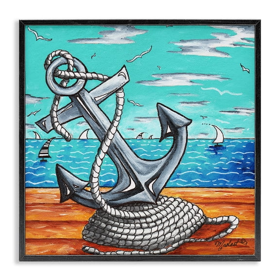 Stupell Industries Eclectic Maritime Anchor on Beach Black Framed Giclee Art, 17 x 17, by Megan Duncanson
