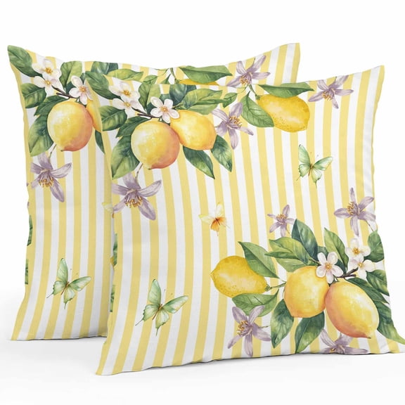 Lemon Flower Butterfly Outdoor Pillow Covers Pack of 2 Leaf Yellow White Striped Waterproof Throw Pillow Covers Decorative Cushion Cases for Patio Garden Tent Balcony Couch 18x18 inch