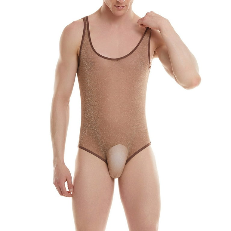 Men Mesh See-Through Shine Lingerie Bodysuit Leotard Jumpsuit Underwear  Brief 