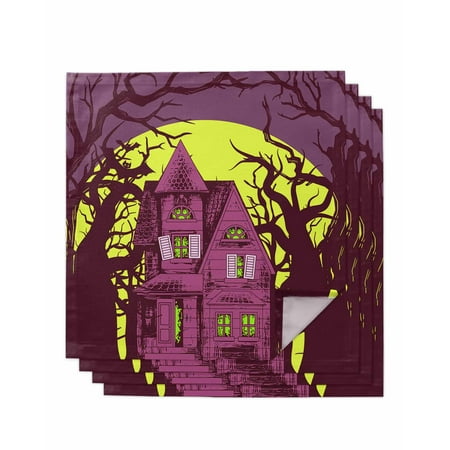 

Purple Yellow Halloween Cloth Napkins Set of 4 Castle Tree Moon Night Washable Reusable Dinner Cocktail Napkin for Kitchen Party Wedding Banquet Holiday Baby Shower Table Decor