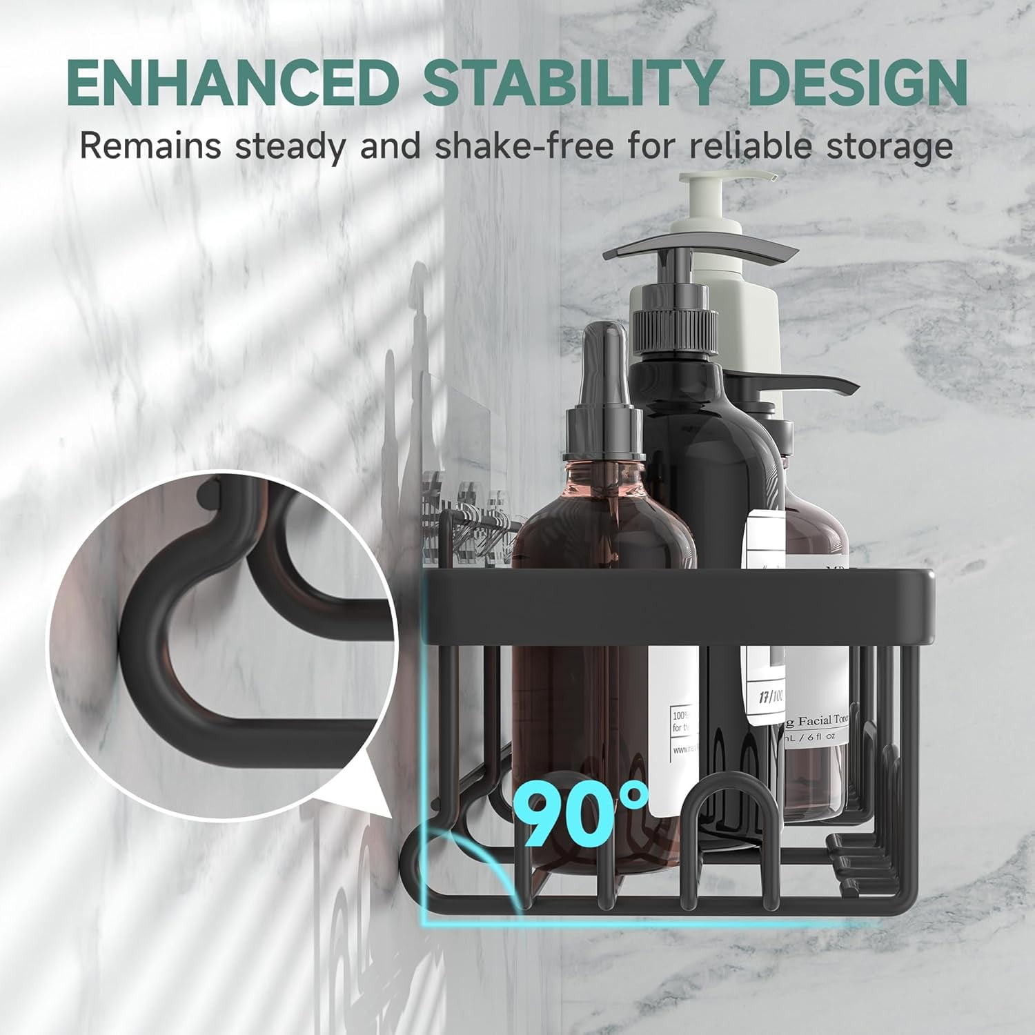 Ophanie Adhesive Shower Caddy 5 Pack, Large Capacity Bathroom Organizers and Storage, No Drilling Wall-Mounted Basket, Black