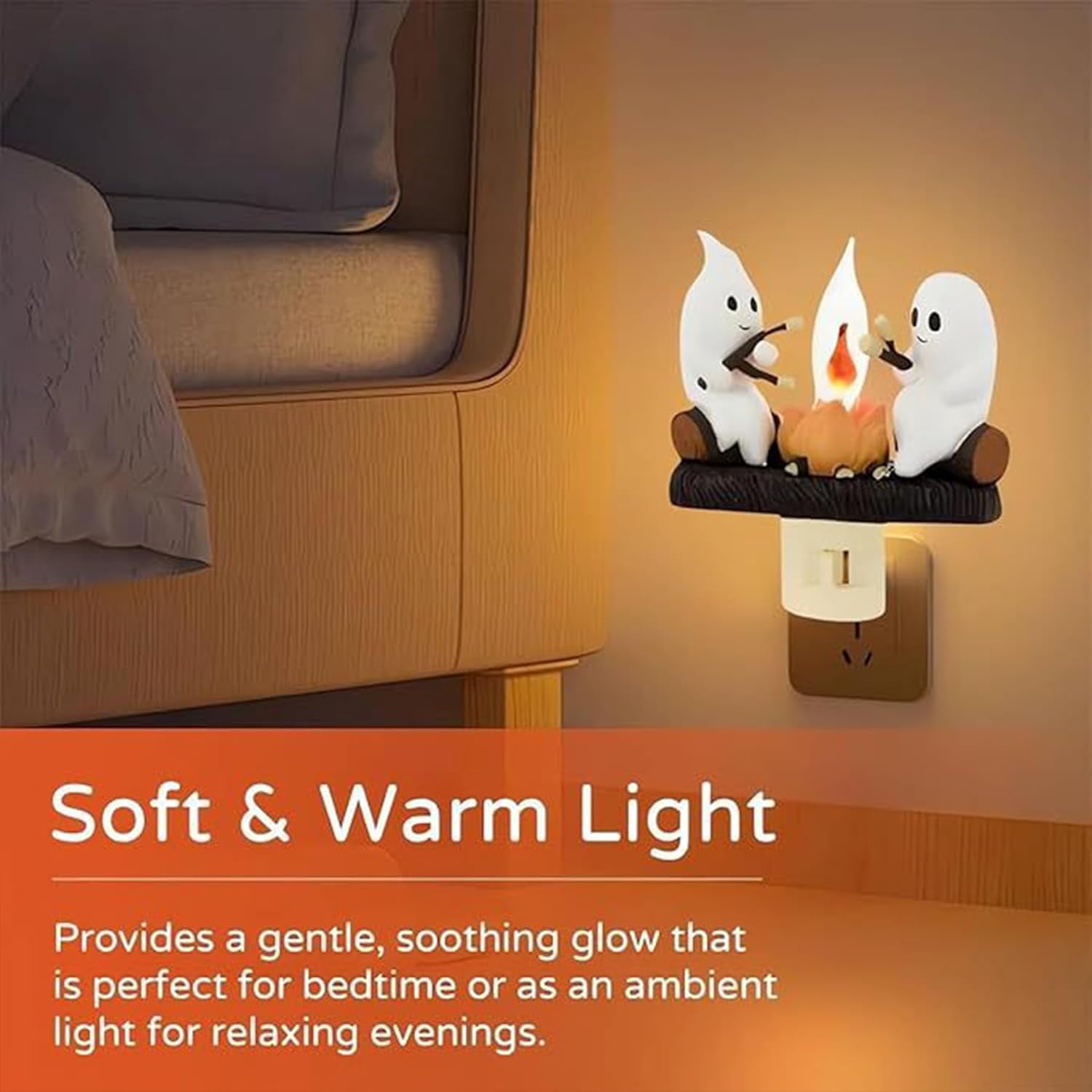 2024 Ghost Campfire Flickering Nightlight, Halloween Night Lights Plug into Wall, 3D Spooky Fire Marshmallow Night Light, Ghost Pumpkin Night Light Dusk Funny Halloween Room Decorations (A-1PC)