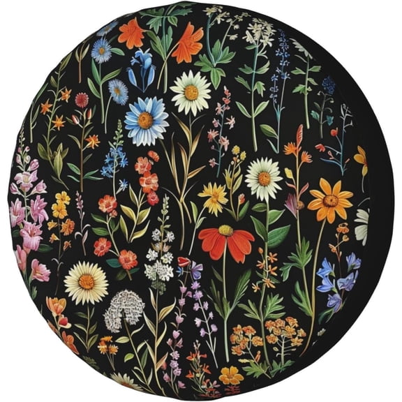 Black Boho Floral Spare Tire Cover Dust-Proof Wheel Tire Cover Fit Trailer, RV, SUV and Many Vehicle 14 Inch