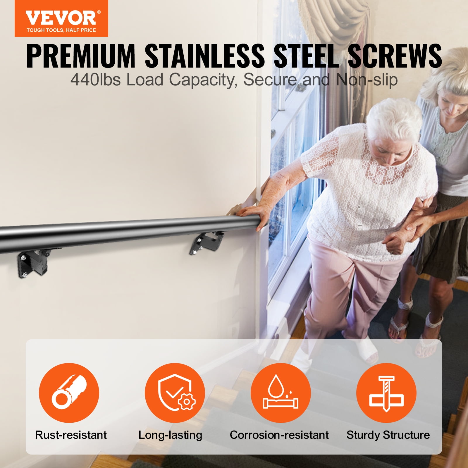 VEVOR 5 ft Wall-Mount Handrail Stair Railing Aluminum Alloy w/ Installation Kit