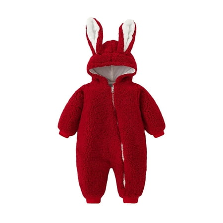 

EHTMSAK Newborn Infant Baby Toddler Long Sleeve Zip Up Hooded Romper for Girl Boy Cotton Winter Warm Fleece Clothes Jumpsuit Red 0-24M 80