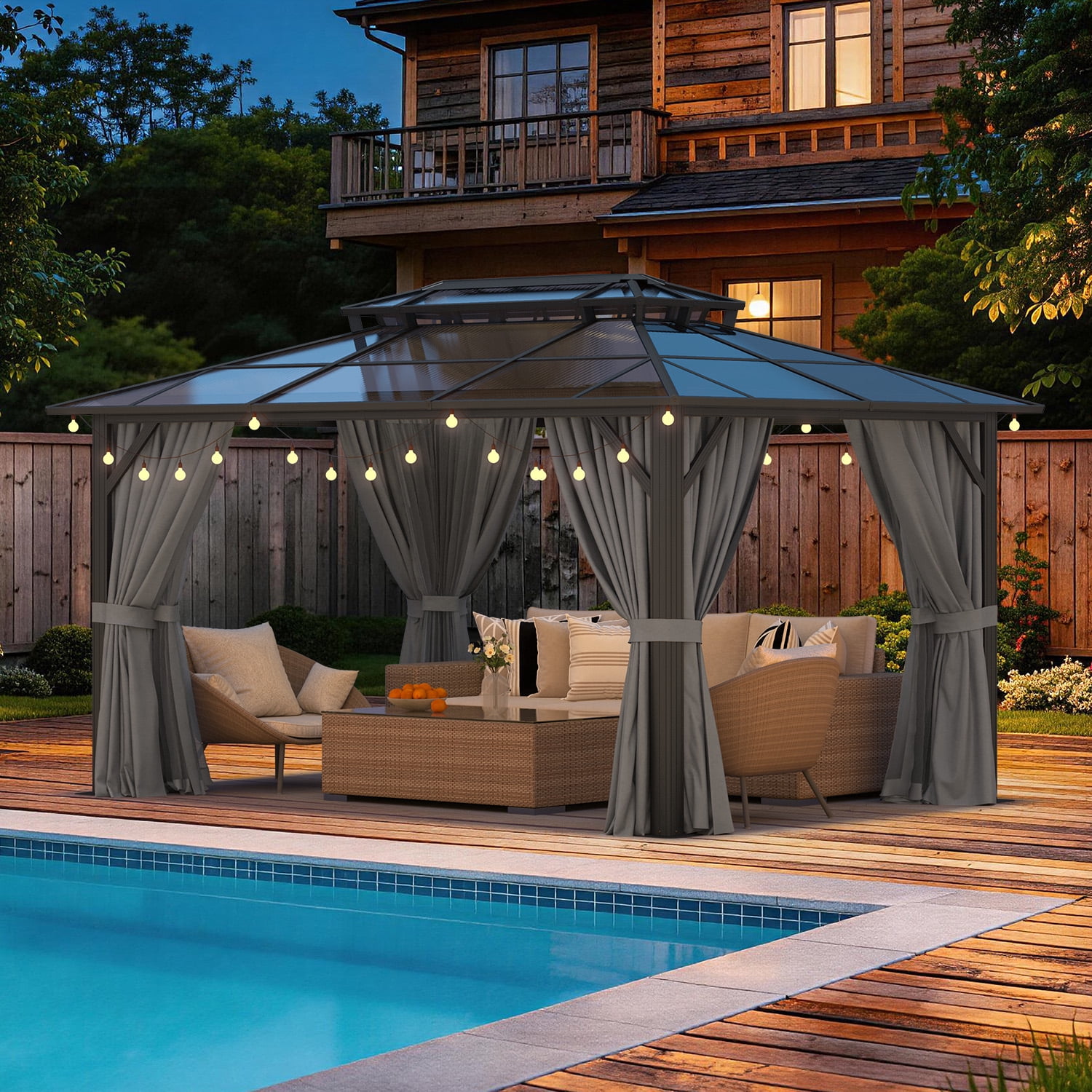 BaPiPro 14x10 FT Outdoor Gazebo, Double Roof Polycarbonate Hardtop, Iron Frame, Black & Gray, UV Protected, Weather Resistant, for Patio Backyard Deck Lawn