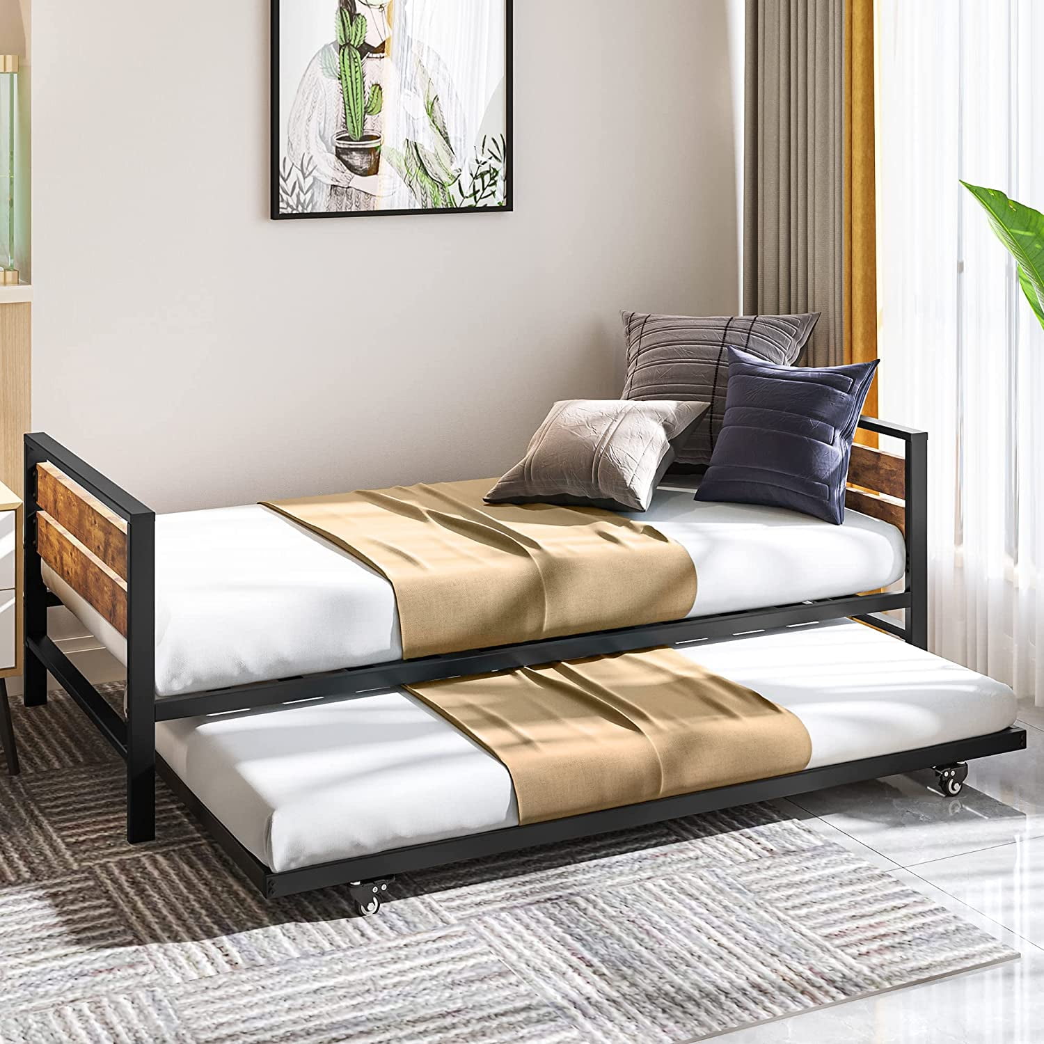 YITAHOME Twin Daybed with Pull Out Trundle / Steel Slat Support / Space Saving Adjustable Height