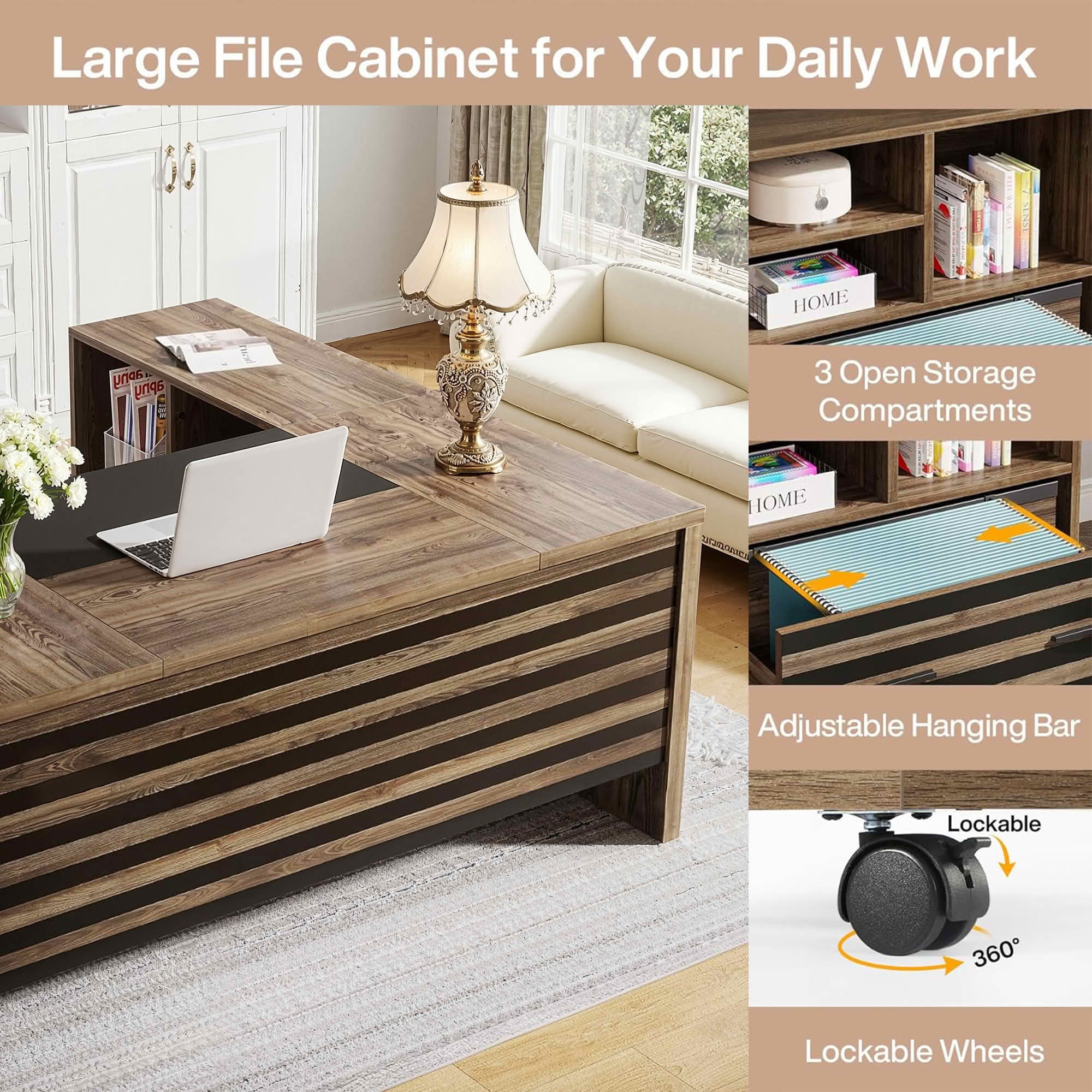 MAYEERTY 66.2" L-Shaped Executive Computer Desk with Rolling Mobile File Cabinet, Water & Scratch Resistant Thick MDF Workstation, 450 LBS Weight Capacity with Lockable Casters for Home Office