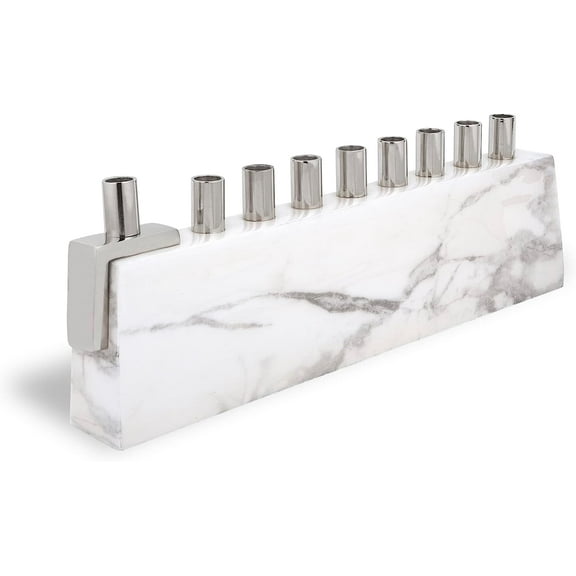 Zion Judaica Carrara White Decal Menorah Elegant Decorative Hanukkah Candleholder Aluminum Wrapped Marble Decal with Brass Cups Chanukah Minorah fits Standard Chanukkah Candles Designers Chanukiah
