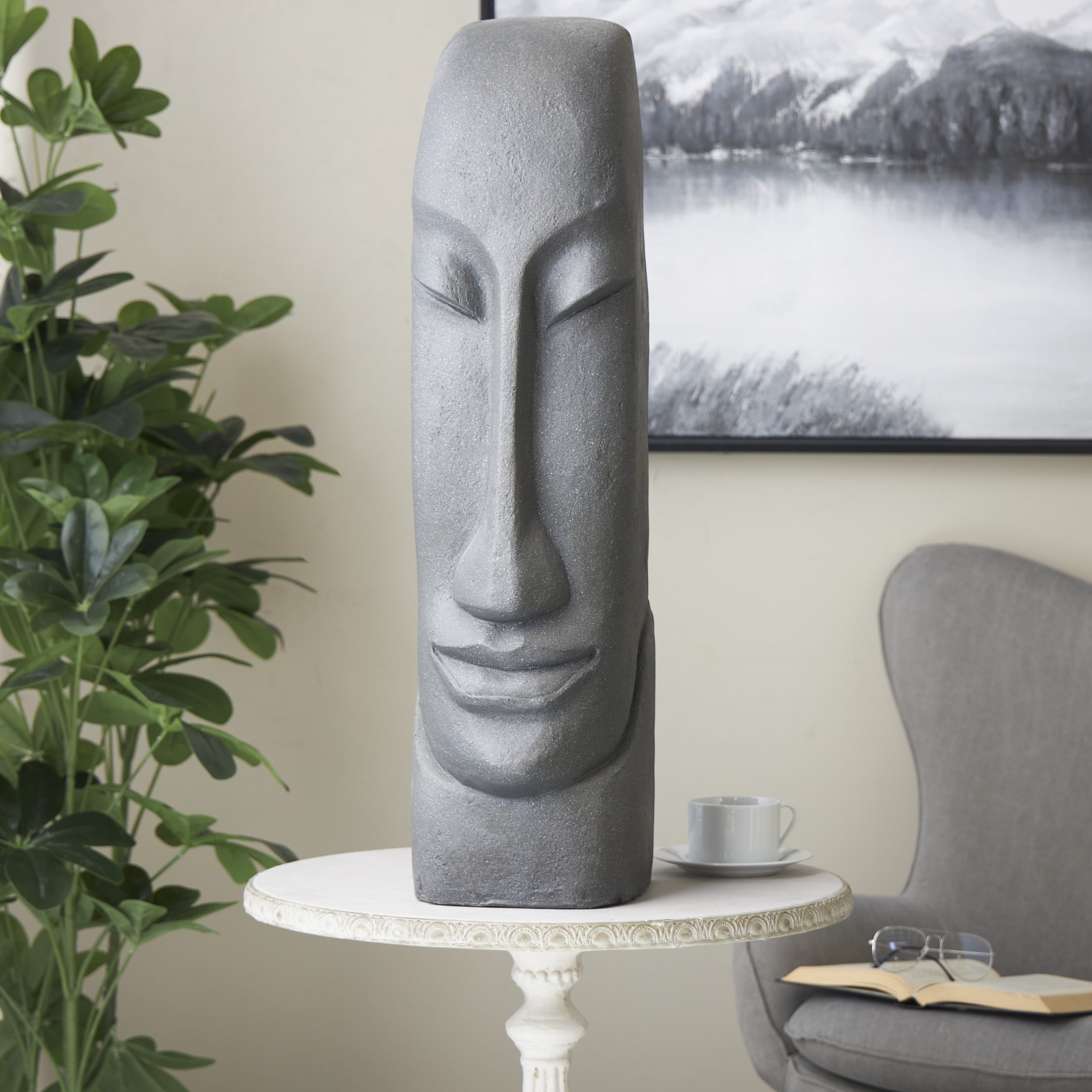 8" x 31" Black Resin Tall Distressed Totem Face Sculpture, by DecMode