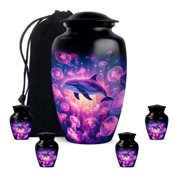 Dolphin Funeral Cremation Urns For Human Ashes Adult Female Combo - 1 Large With 4 Keepsake Black Urns For Adult Male - Mini Urn For Mom - Purple Urn For Ashes For Women (10 & 3 Inch)