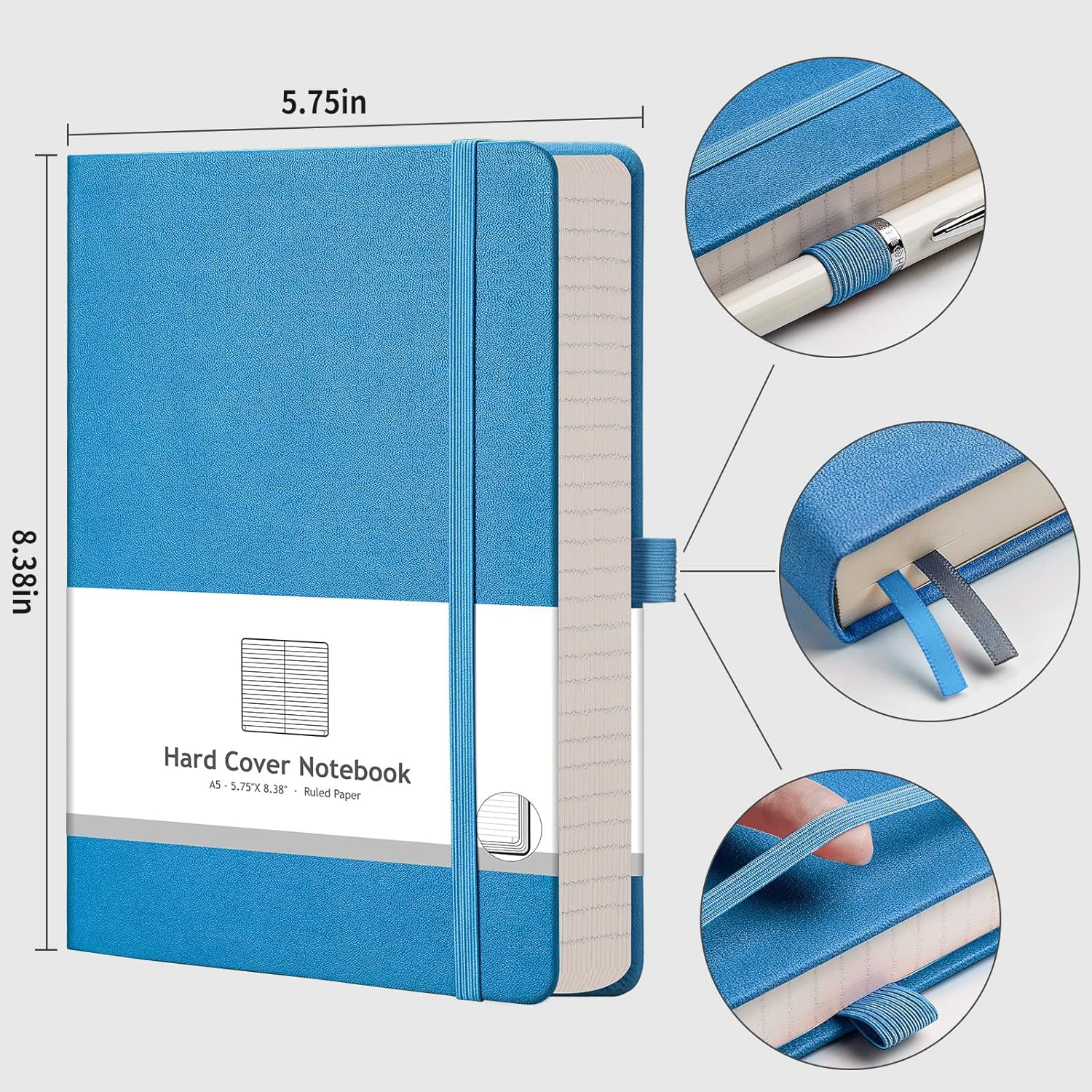 Thick Journal Lined Notebook - 320 Numbered Pages A5 Notebook College Ruled Journal for Writing, 100gsm Lined Paper, Leather Hardcover, for Women Men Work Office School, 5.75'' X 8.38''-Blue