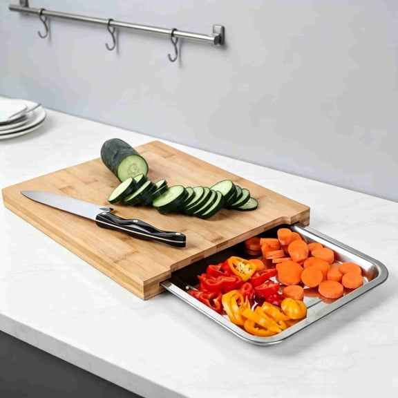 Miwamany Wooden Cutting Board with Slide Out Trays, Bamboo Chopping Block with Hidden Storage Drawers, Kitchen Multifunctional Prep Board for Meat Cheese
