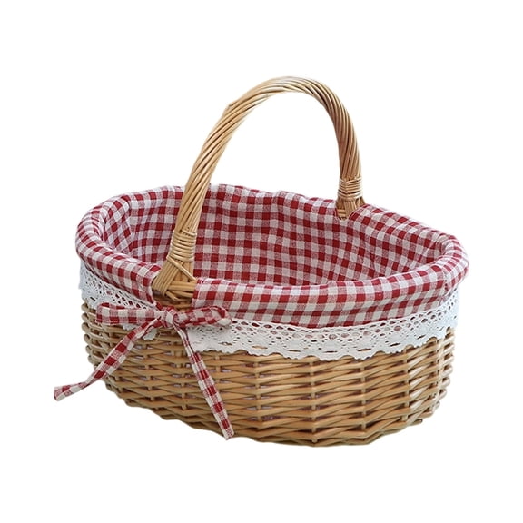 Rattan Wicker Woven Basket with Handle, Portable Garden Harvest Basket Wicker Storage Baskets for Picnic, Easter, Organizing, Gathering Vegetables (Brown, 26x25x20cm)