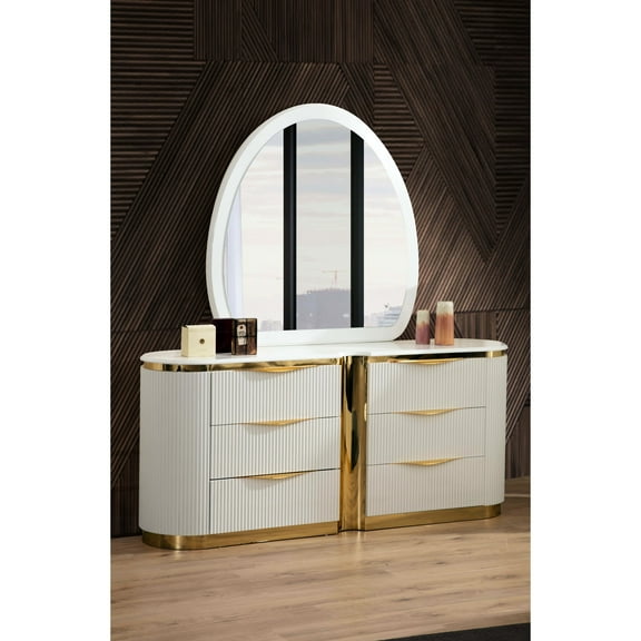 6 Dresser In Contemporary White With Golden Accentuation - Bedroom Modern Luxury Gold Accents Ample Storage For