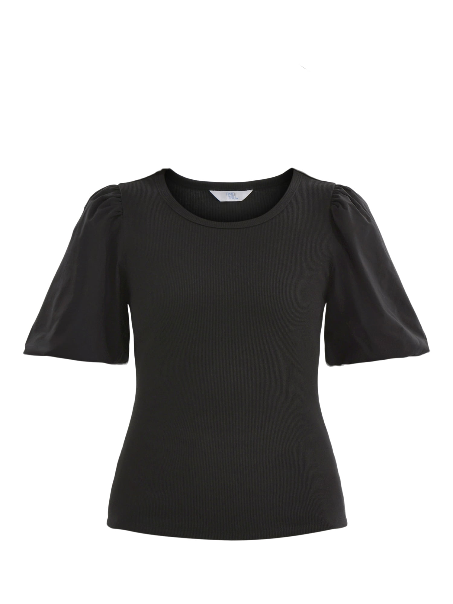 Time and Tru Women's Mixed Media Top with Puff Sleeves, Sizes XS-XXXL
