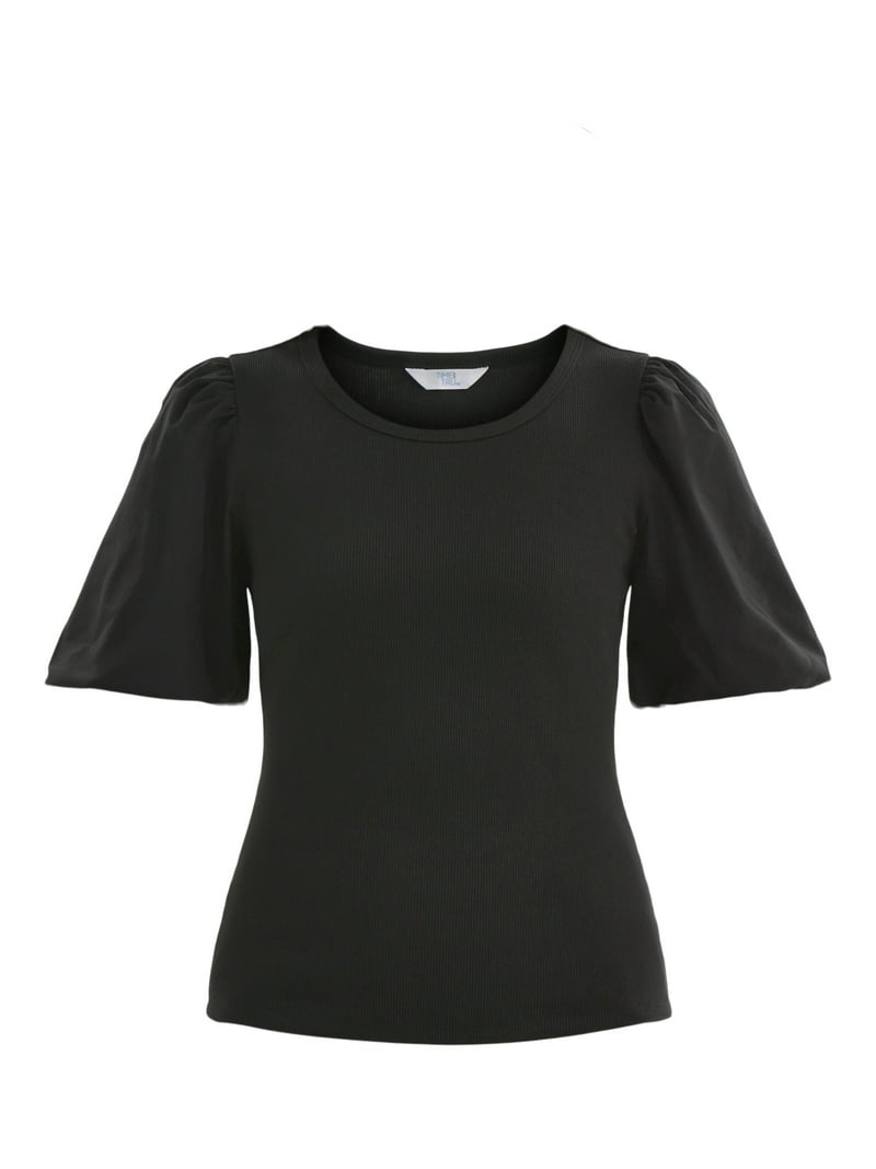 Time and Tru Women's Mixed Media Top with Puff Sleeves