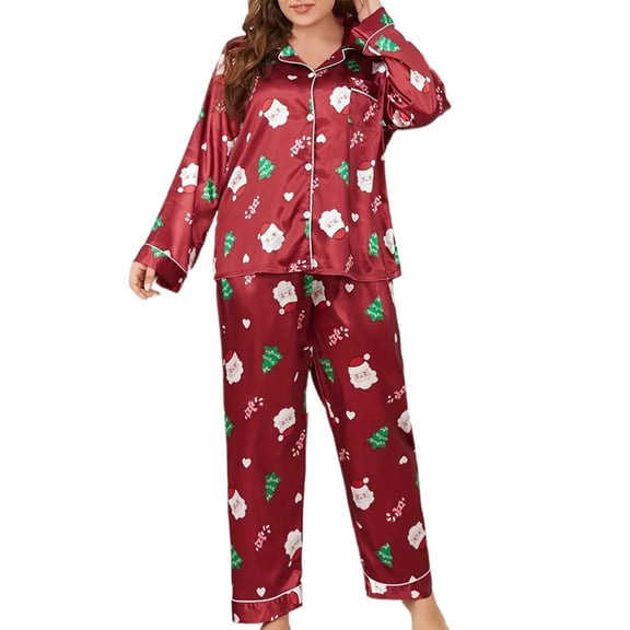 Michellecmm Women's Christmas Pajamas Set Snowman/Santa Print Long Sleeve Lapel Button Tops with Long Pants Satin Loungewear