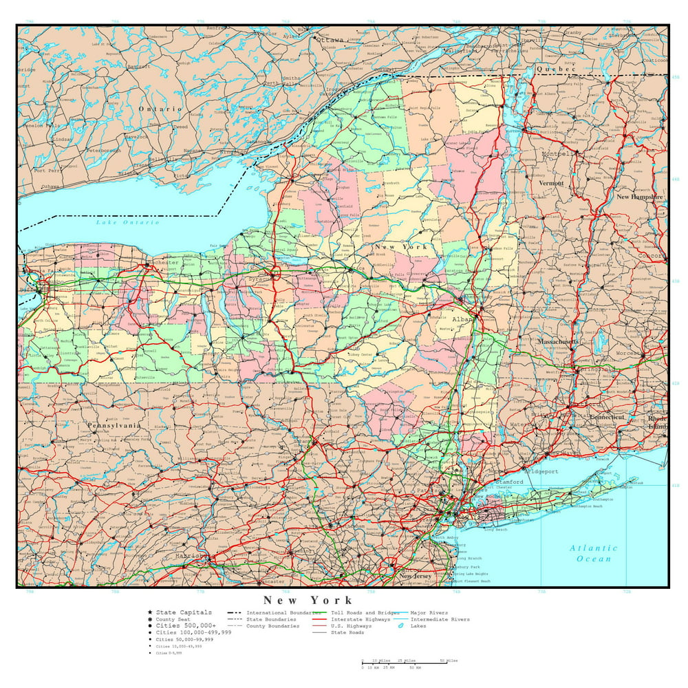 Laminated Map - Large detailed administrative map of New York state